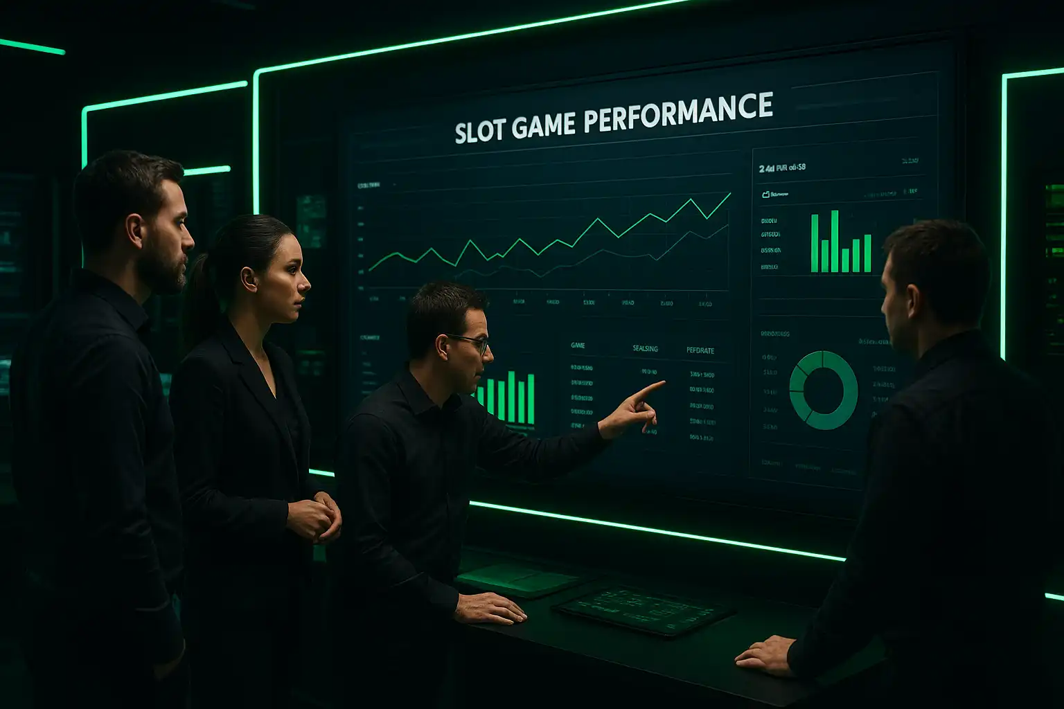 Team of casino operators reviewing a dashboard of slot game performance in a dark control room