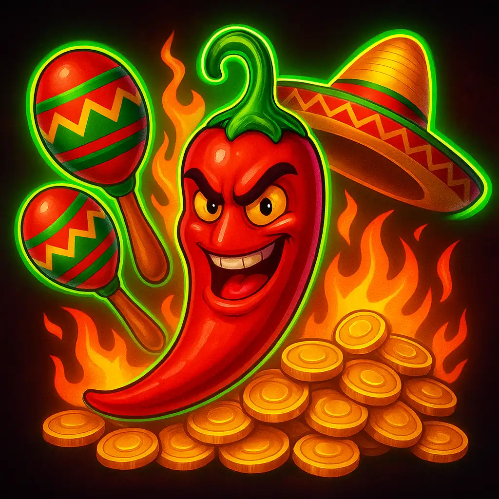 Chilli Heat Spicy Spins slot game cover art with neon casino styling