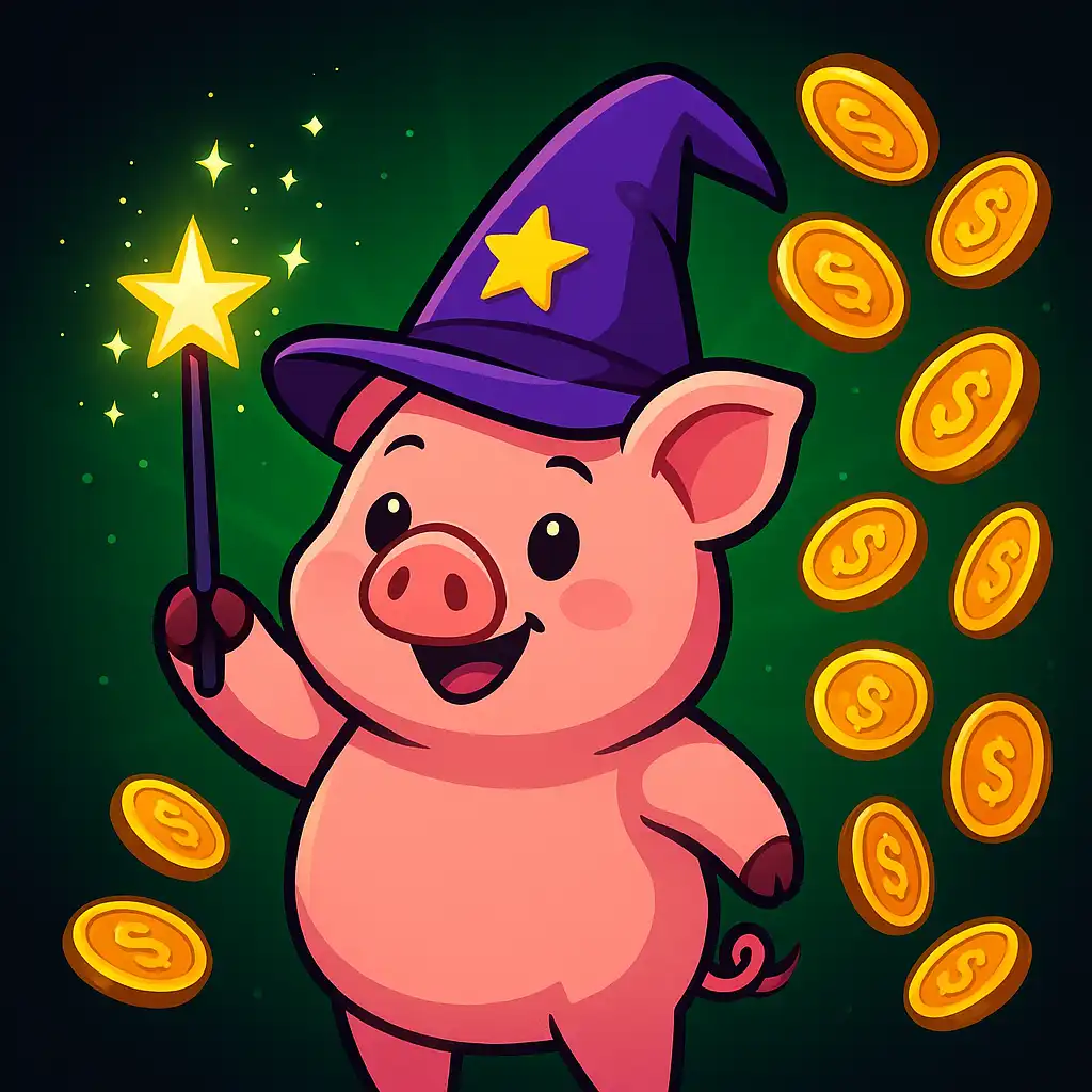 Piggy Prizes Wand of Riches slot game cover art with neon casino styling