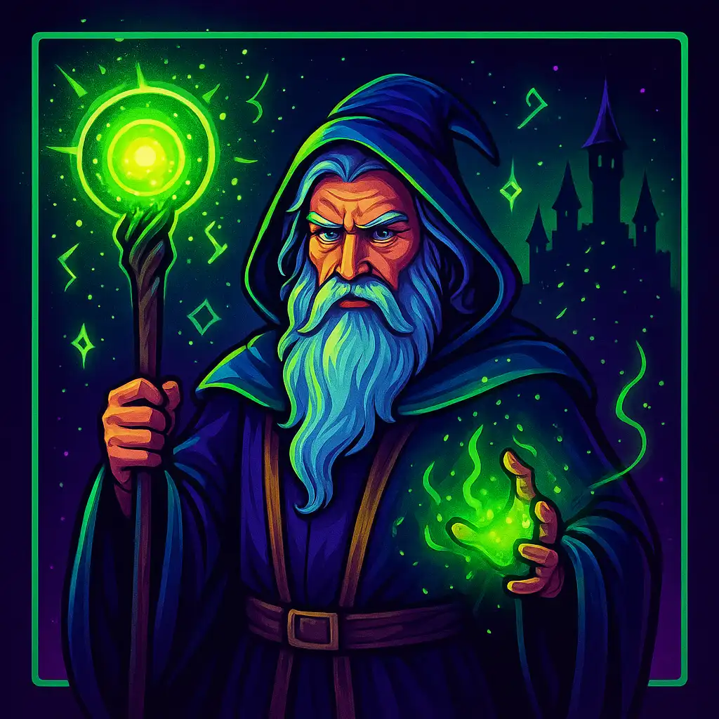 Rise of Merlin slot game cover art with neon casino styling