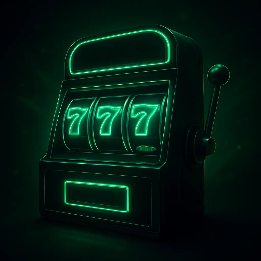 Neon slot machine reels glowing green against a dark casino background
