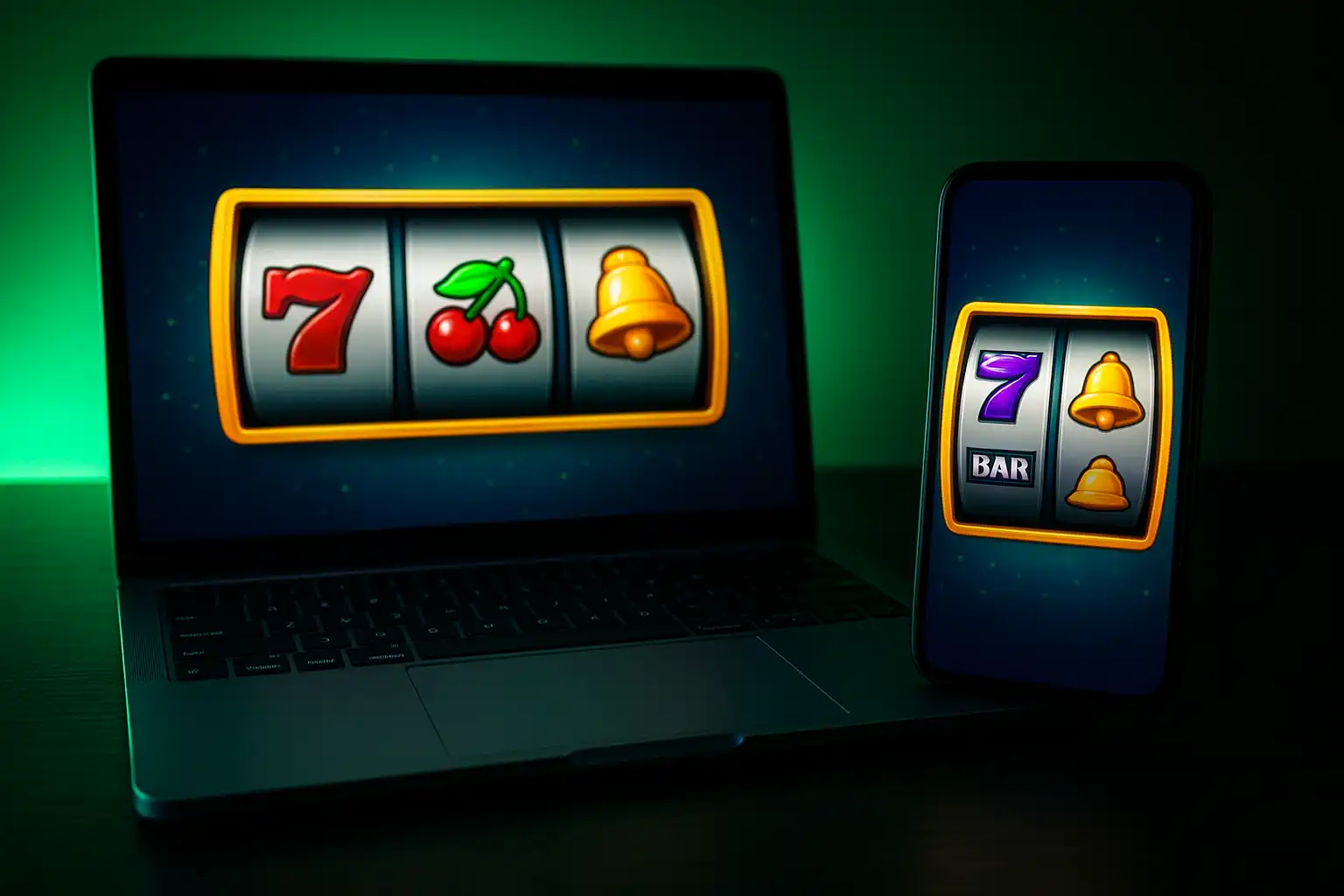 Split screen of a laptop and mobile phone both showing a slot game reel at Akibawin Casino