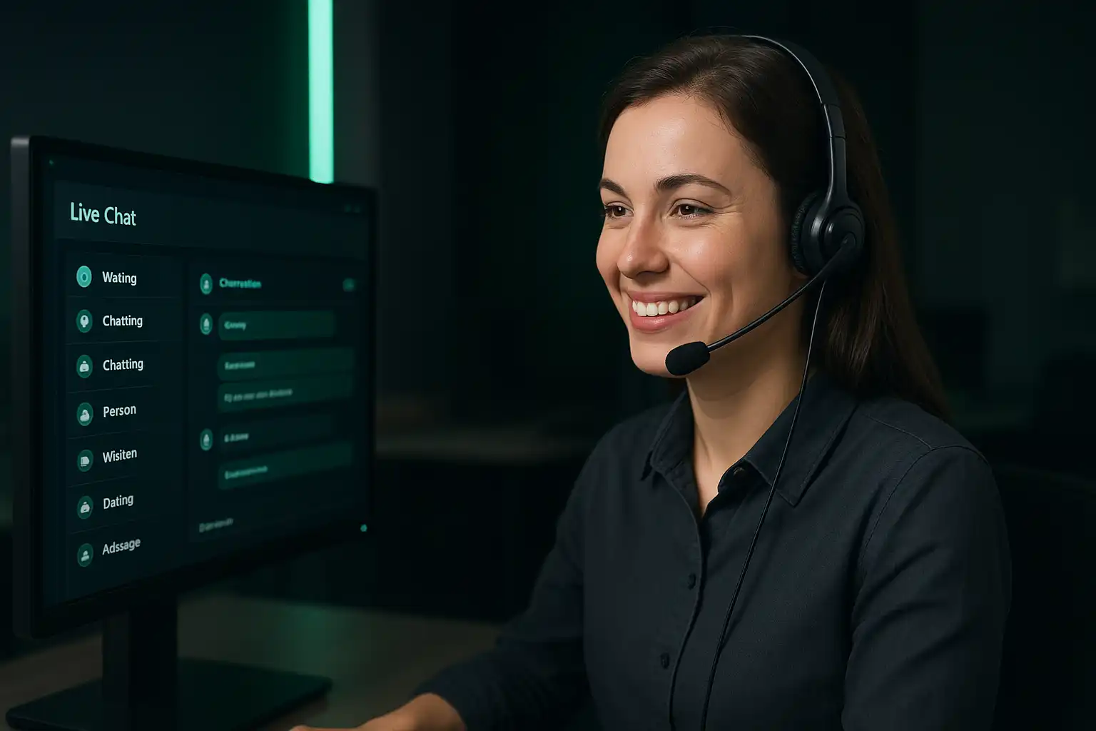 Customer support agent at a headset answering a live chat queue on a dark-themed dashboard